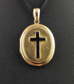 Antique 18k Gold Mourning Locket, Black Enamel Cross Pendant