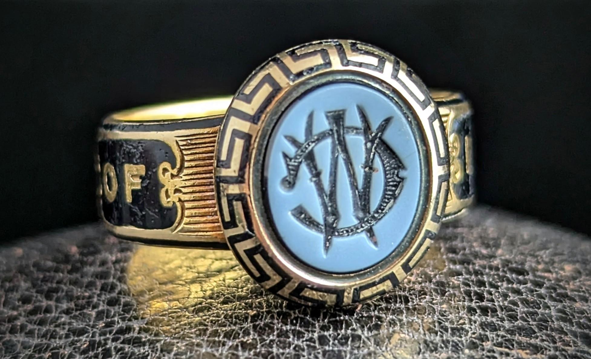 Such a wonderfully beautiful and unique antique mourning ring.

Being a lover of mourning jewels this ring does not disappoint, everything about it is a work of art.

It features a rich and chunky 18ct yellow gold band, fully hallmarked and