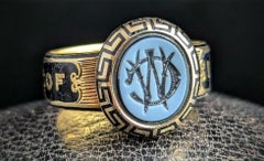 Antique 18k gold mourning ring, Black enamel, Agate, Victorian