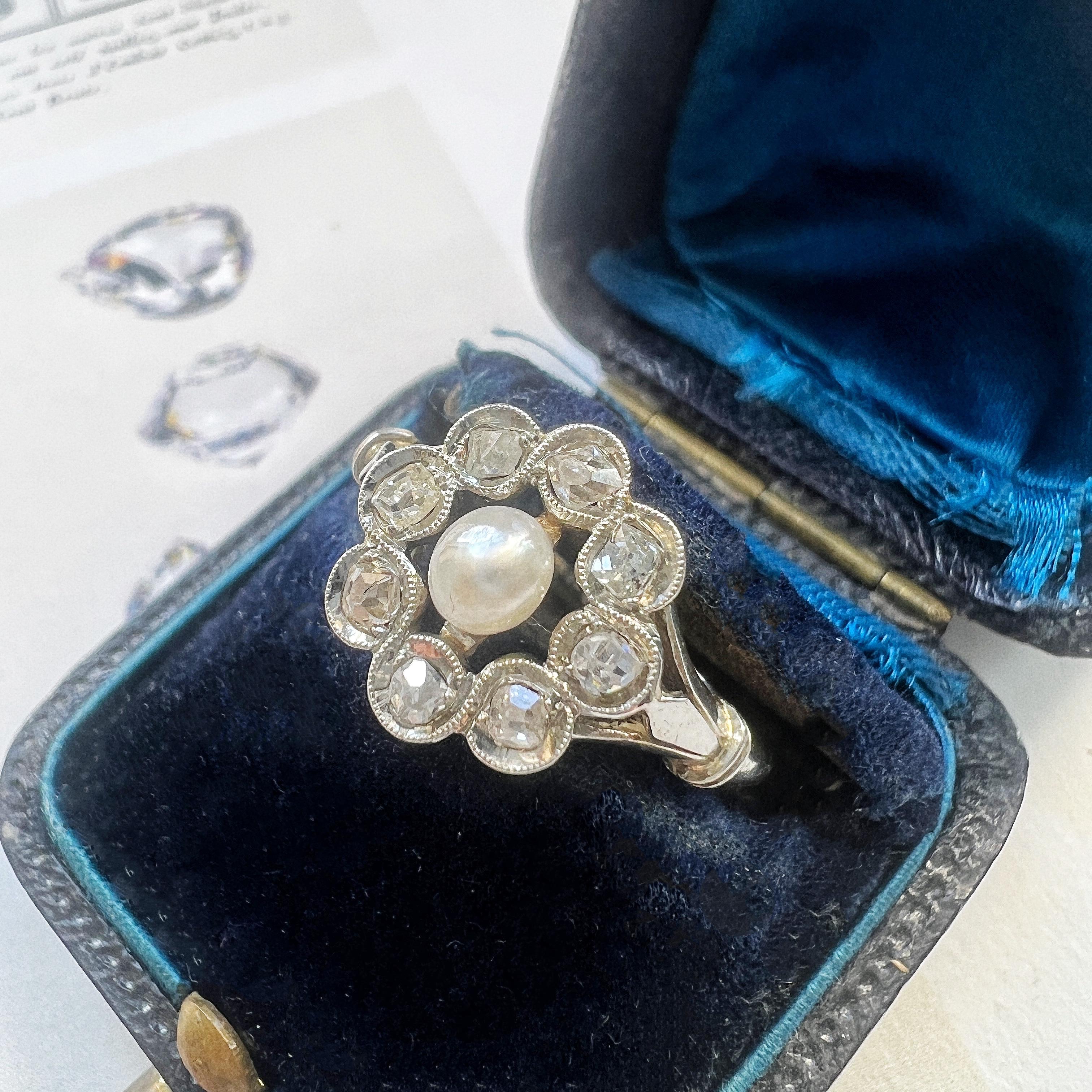 Edwardian Antique 18K gold natural pearl diamond cluster ring For Sale