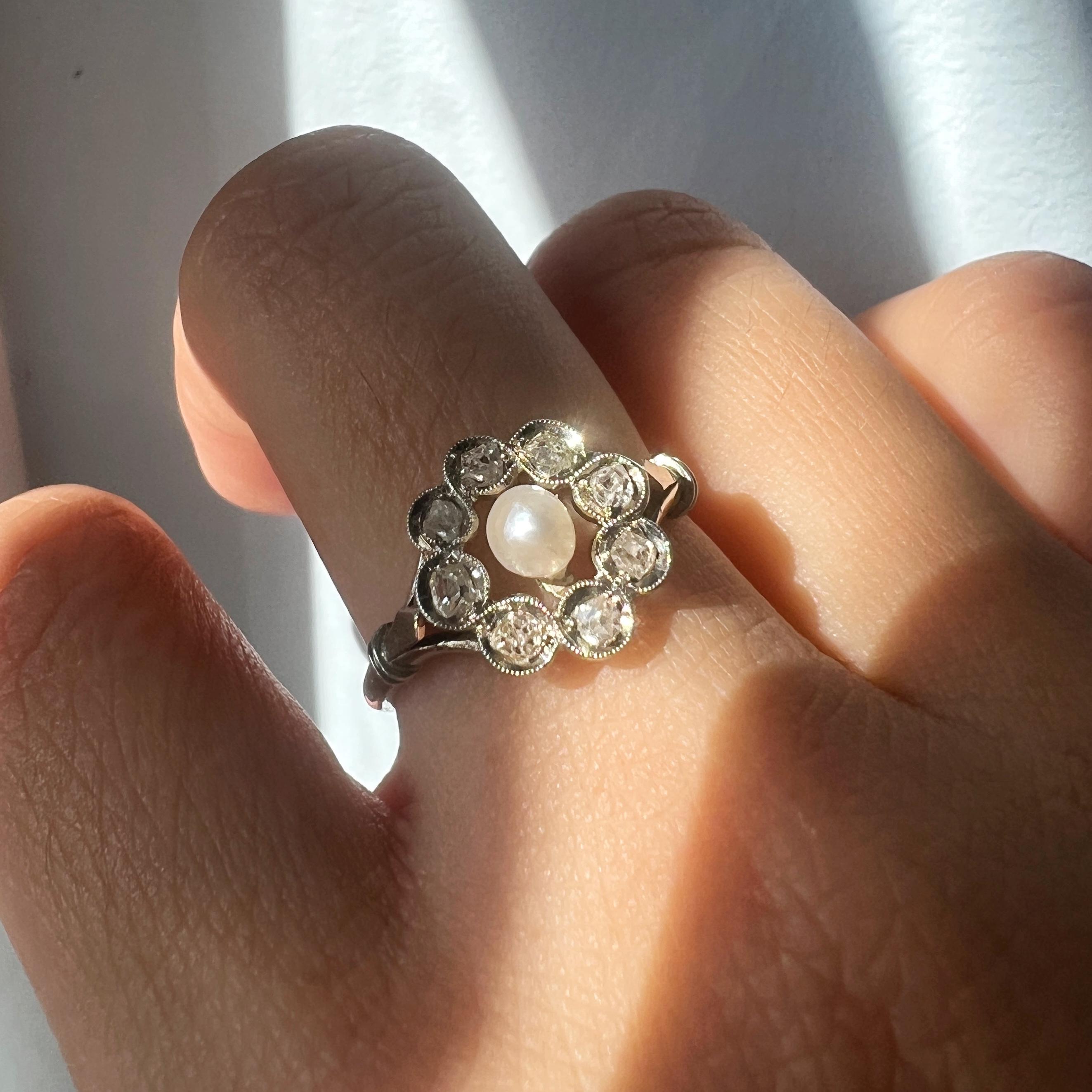 Women's Antique 18K gold natural pearl diamond cluster ring For Sale