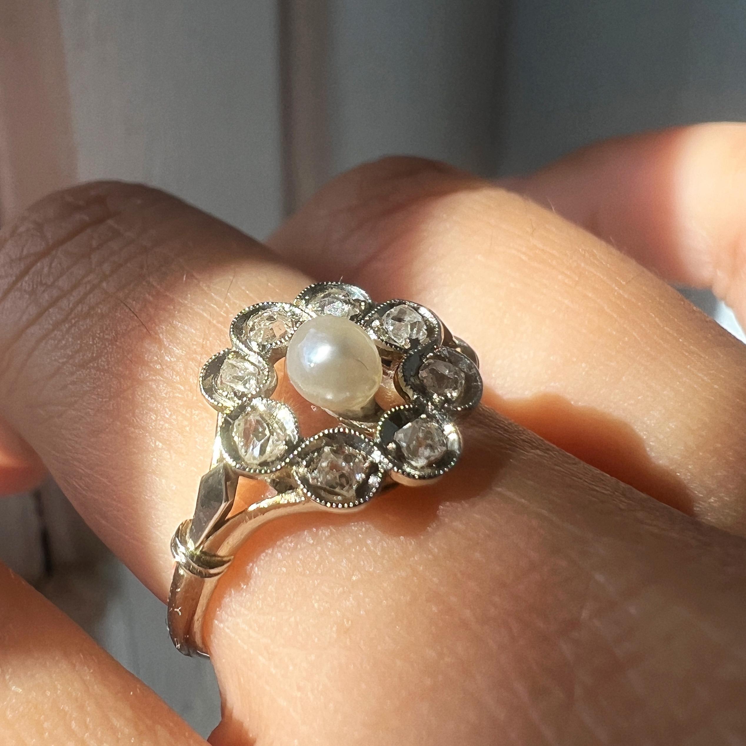Antique 18K gold natural pearl diamond cluster ring For Sale 1