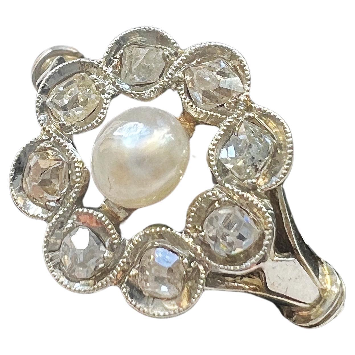 Antique 18K gold natural pearl diamond cluster ring For Sale