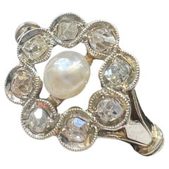 Antique 18K gold natural pearl diamond cluster ring