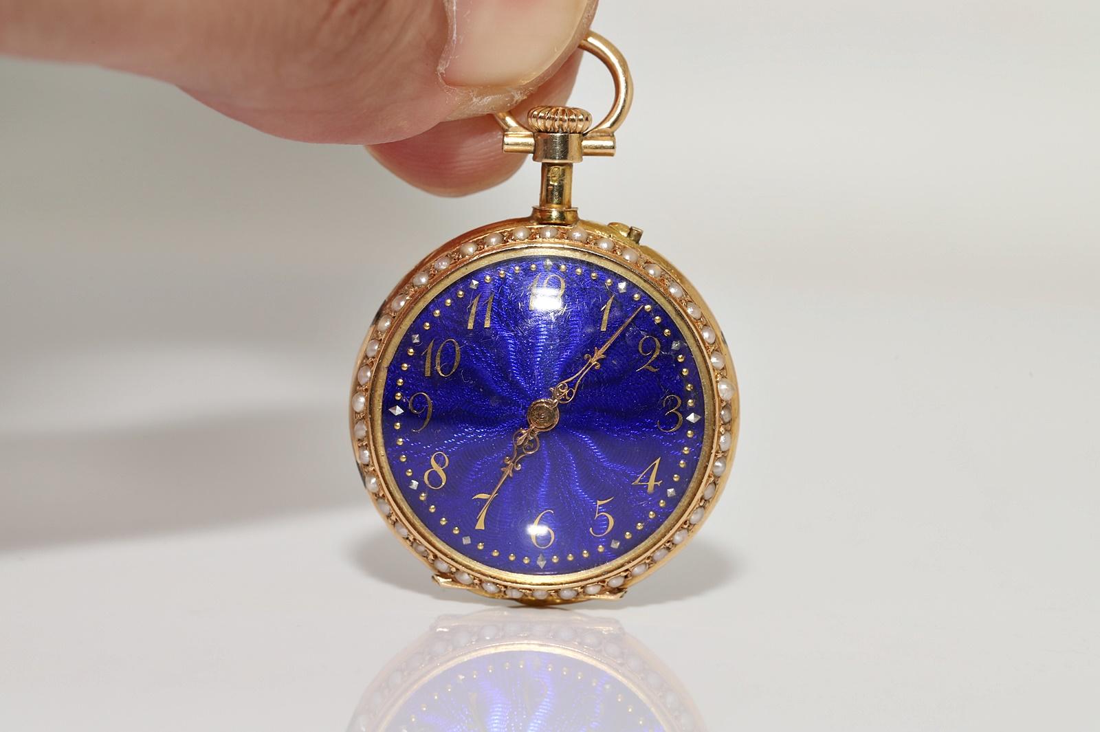 Antike Uhren-Halskette mit Anhänger aus 18 Karat Gold mit natürlichem Diamanten im Rosenschliff und Emaille im Angebot 5