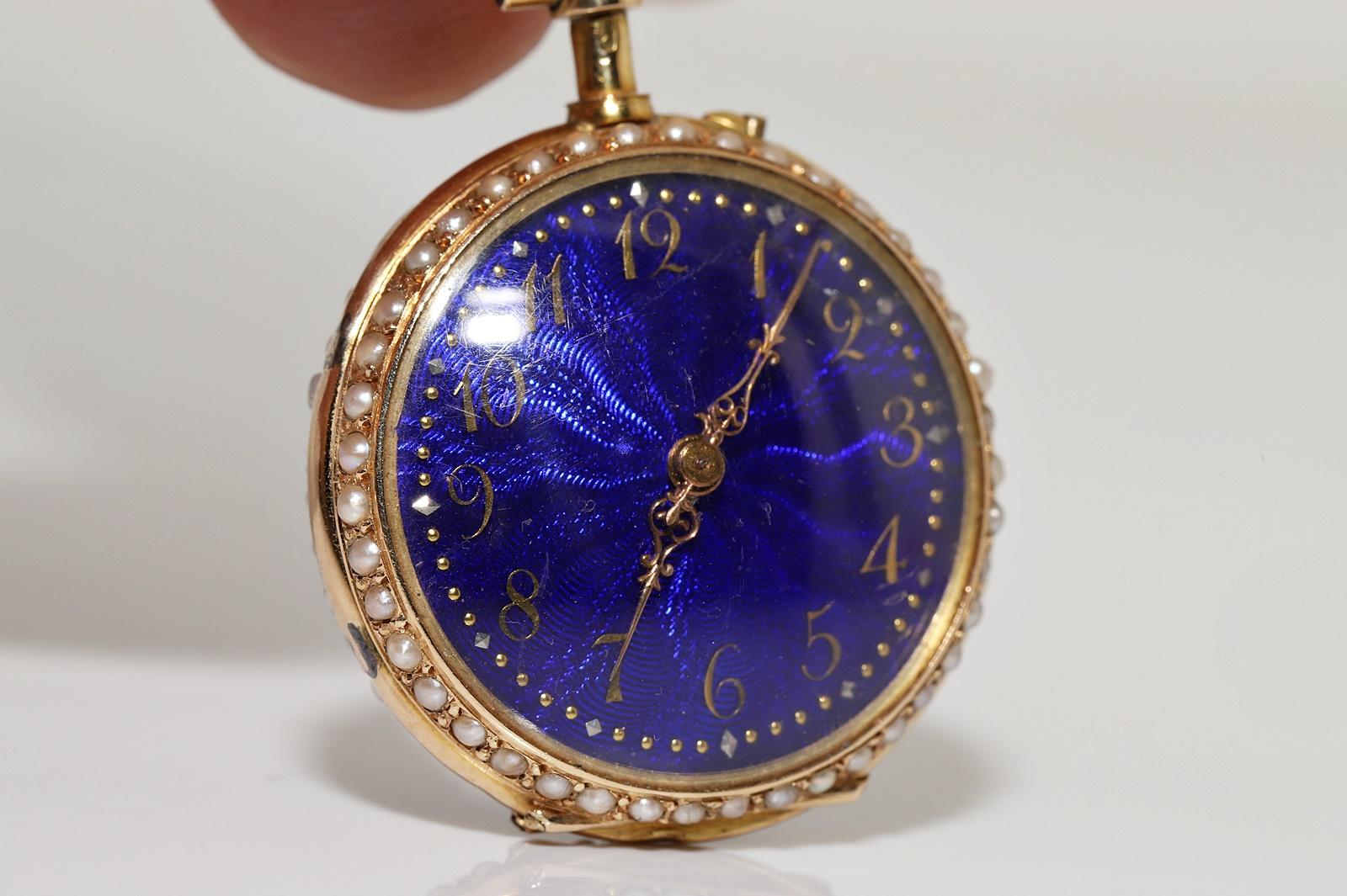Antike Uhren-Halskette mit Anhänger aus 18 Karat Gold mit natürlichem Diamanten im Rosenschliff und Emaille im Angebot 6