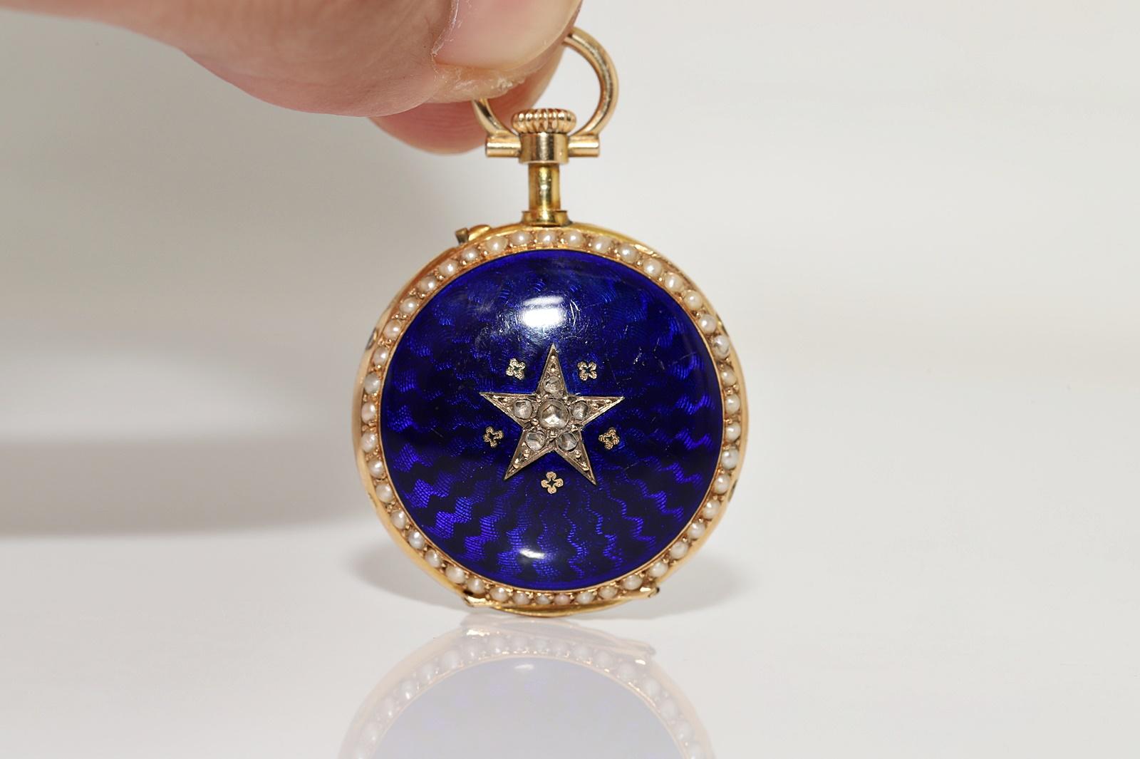 Antike Uhren-Halskette mit Anhänger aus 18 Karat Gold mit natürlichem Diamanten im Rosenschliff und Emaille im Angebot 7