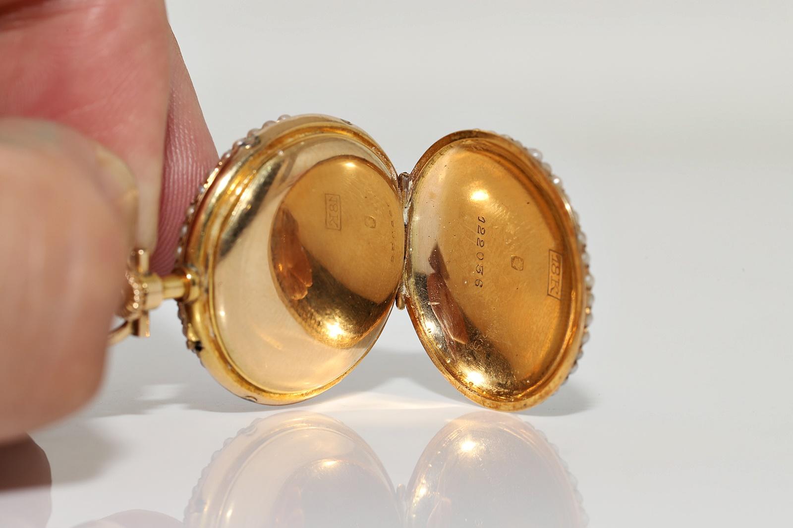 Antike Uhren-Halskette mit Anhänger aus 18 Karat Gold mit natürlichem Diamanten im Rosenschliff und Emaille im Angebot 8