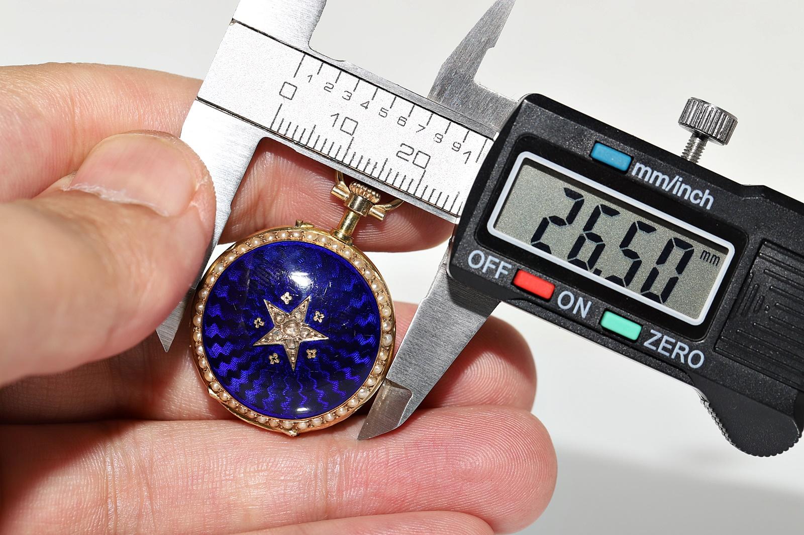 Antique 18k Gold Natural Rose Cut Diamond Enamel Pendant Watches Necklace For Sale 13