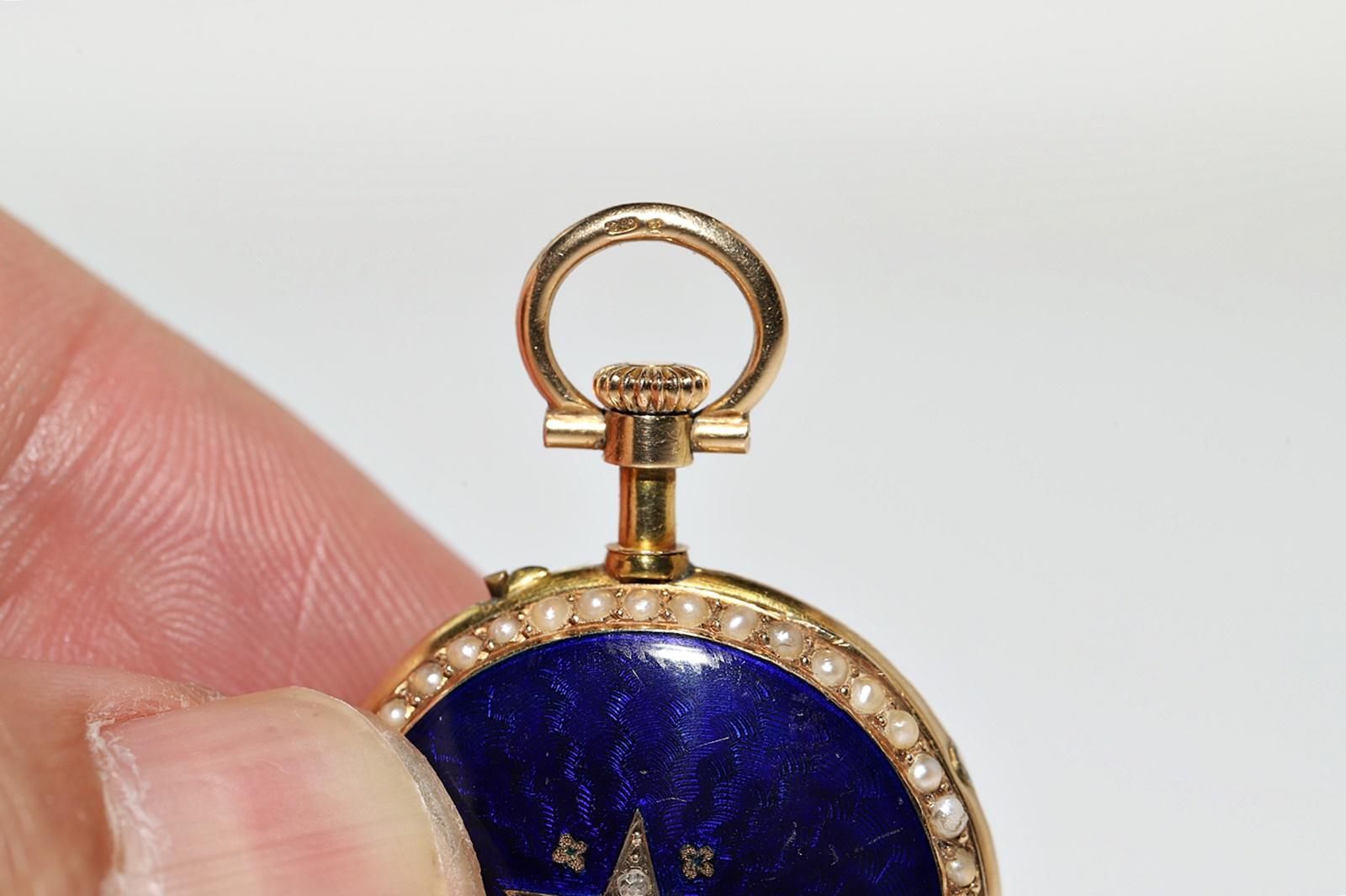 Antique 18k Gold Natural Rose Cut Diamond Enamel Pendant Watches Necklace For Sale 14