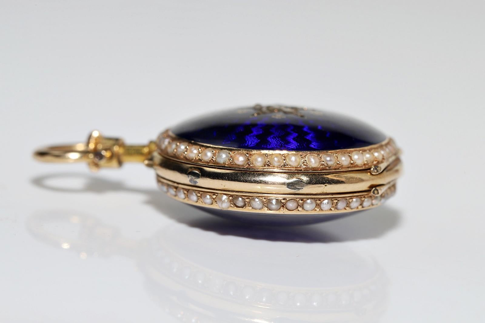Victorian Antique 18k Gold Natural Rose Cut Diamond Enamel Pendant Watches Necklace For Sale
