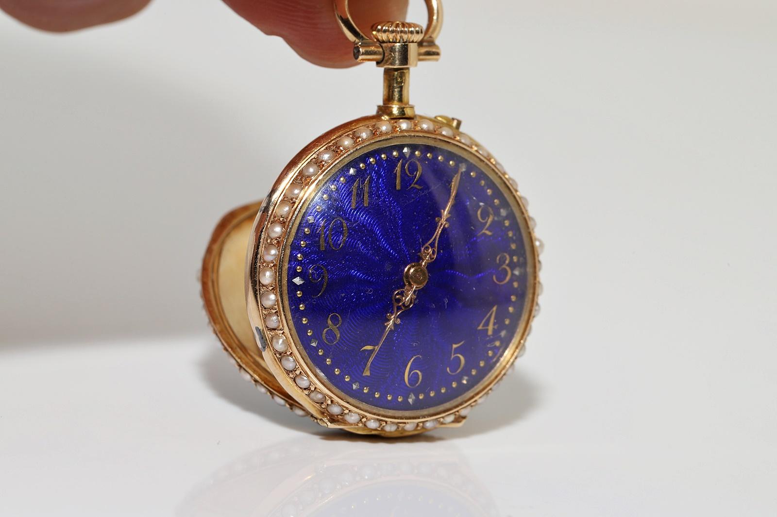 Taille rose Collier pendentif de montres anciennes en or 18 carats avec diamants naturels taille rose et émail en vente
