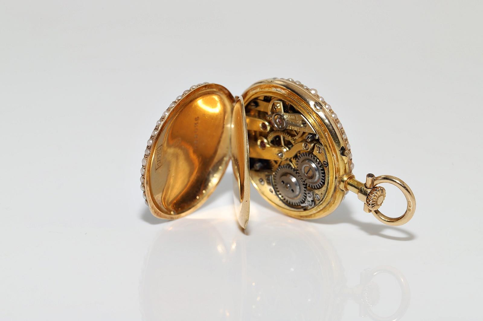 Women's or Men's Antique 18k Gold Natural Rose Cut Diamond Enamel Pendant Watches Necklace For Sale