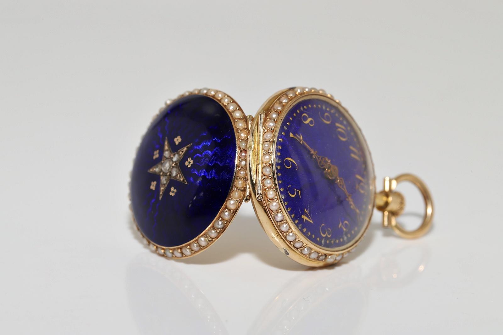 Antique 18k Gold Natural Rose Cut Diamond Enamel Pendant Watches Necklace For Sale 3