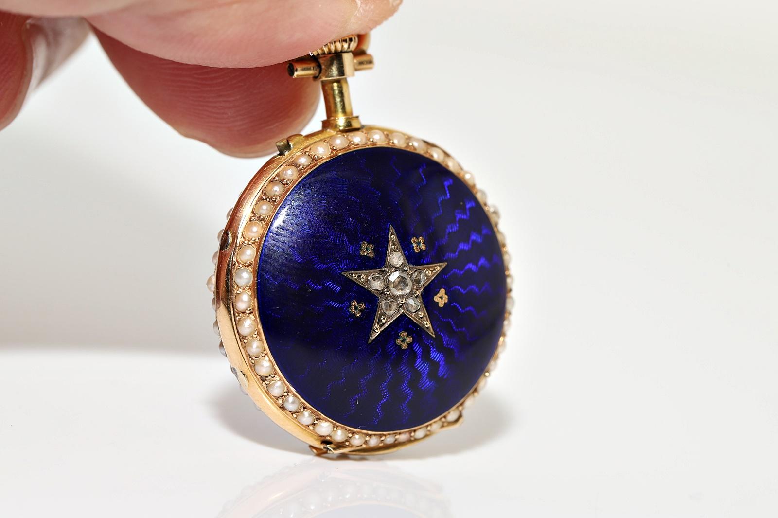 Antique 18k Gold Natural Rose Cut Diamond Enamel Pendant Watches Necklace For Sale 4