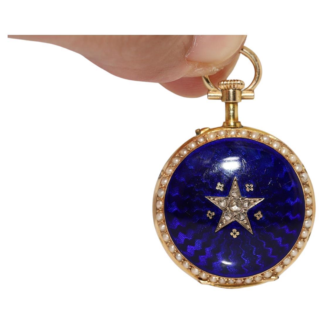 Antique 18k Gold Natural Rose Cut Diamond Enamel Pendant Watches Necklace For Sale