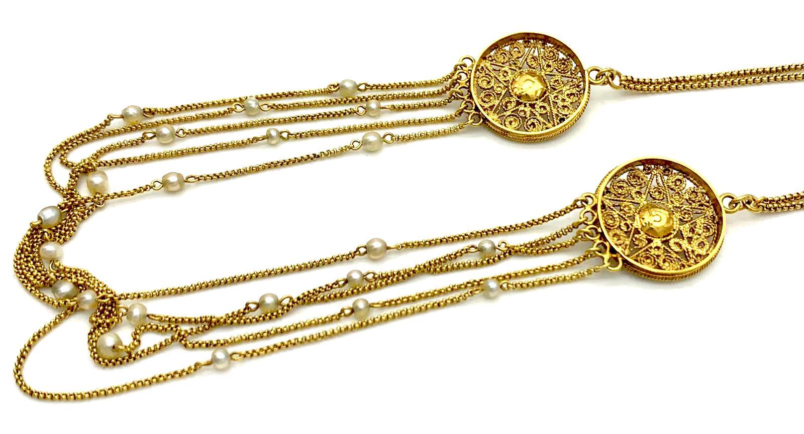 Etruscan Revival Antique 18K Gold Necklace 24 Natural Oriental Pearls Five Pointed Star Pentagram For Sale