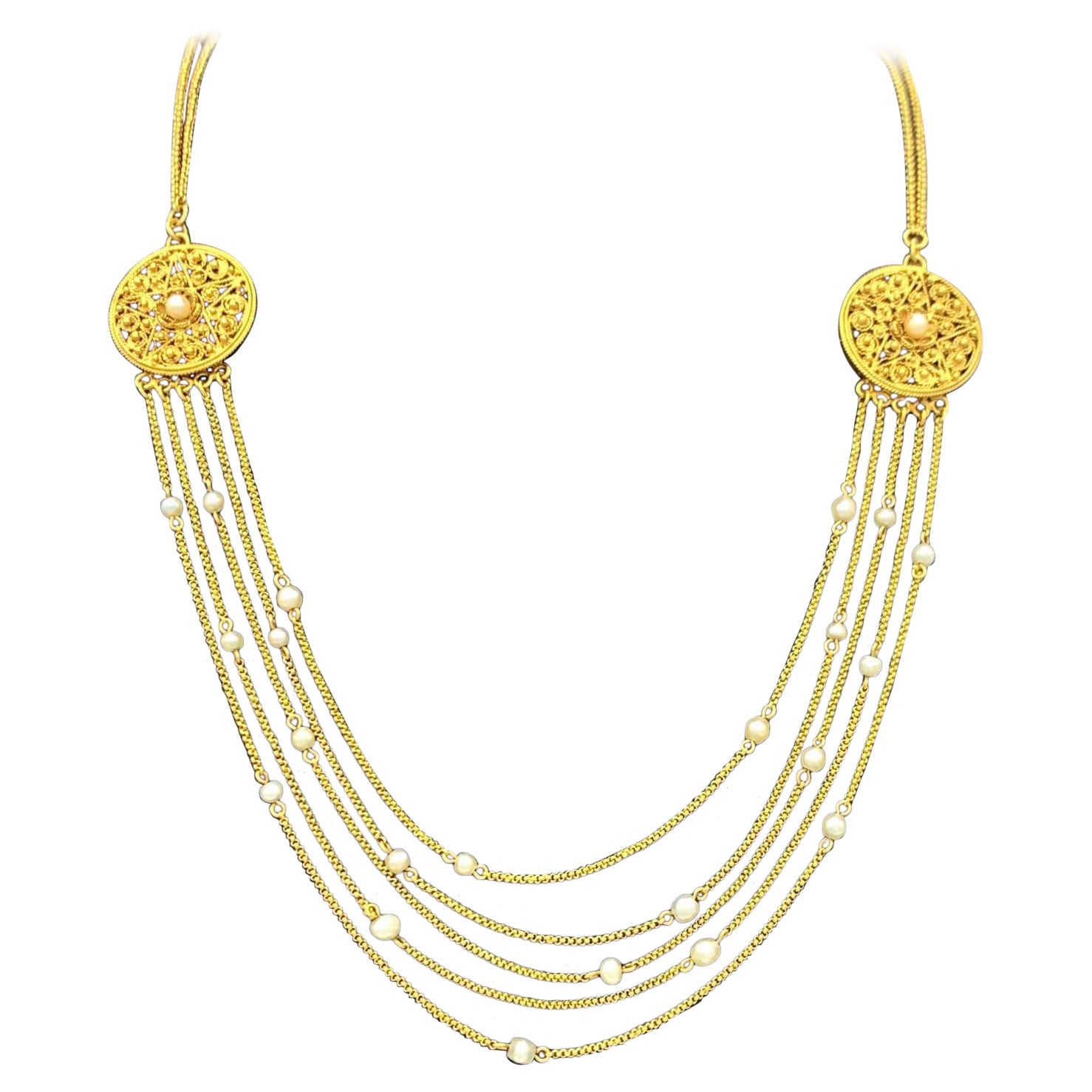 Antike 18 Karat Gold Halskette 24 natürliche orientalische Perlen Fünf spitz zulaufende Stern Pentagramm im Angebot