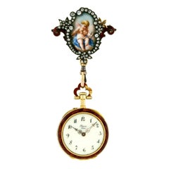 Antique 18k Gold Old Cut Diamond Plojoux Geneve Enamel Watch Pendant and Brooch