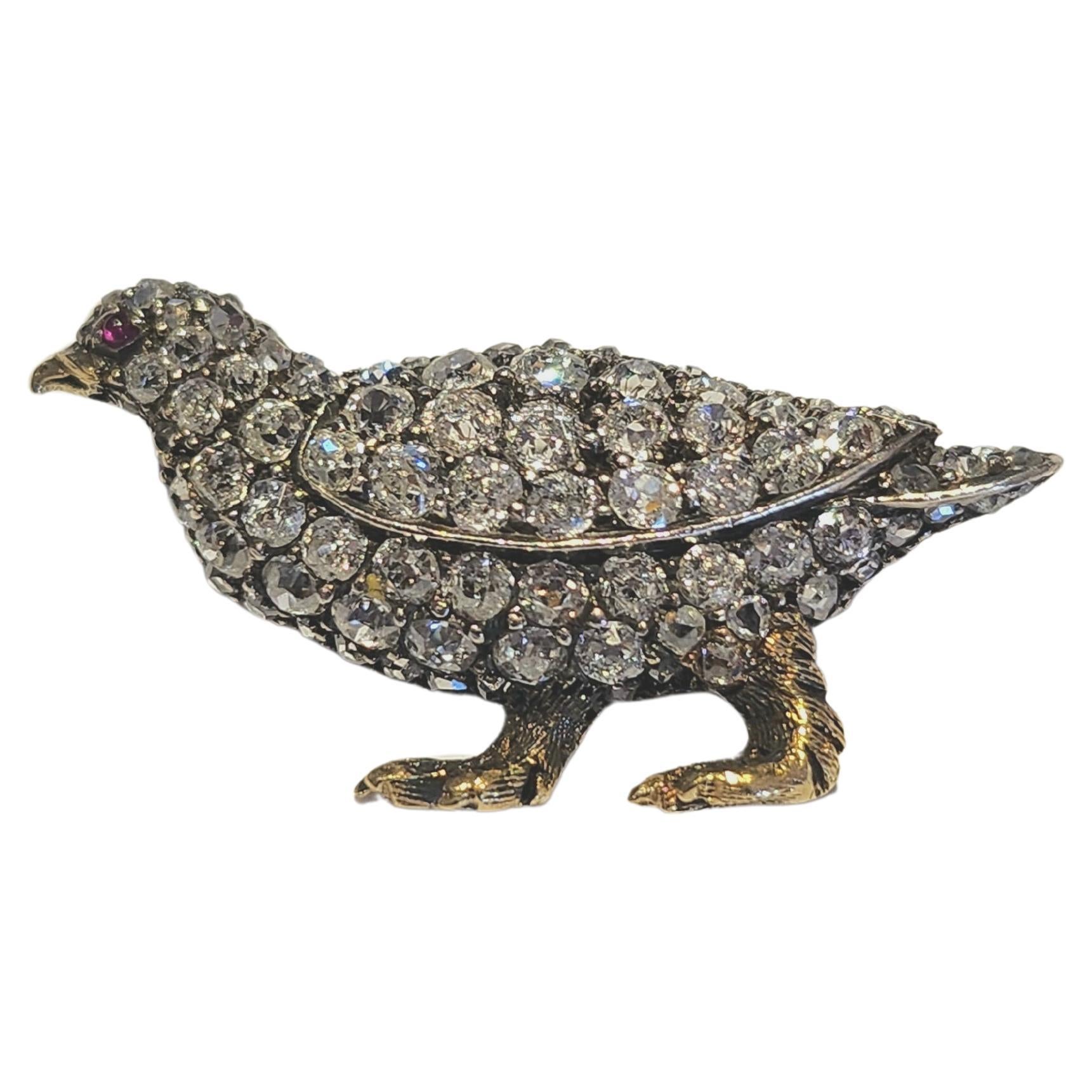 Women's Antique Old Mine Cut Diamond Bird Gold Brooch For Sale
