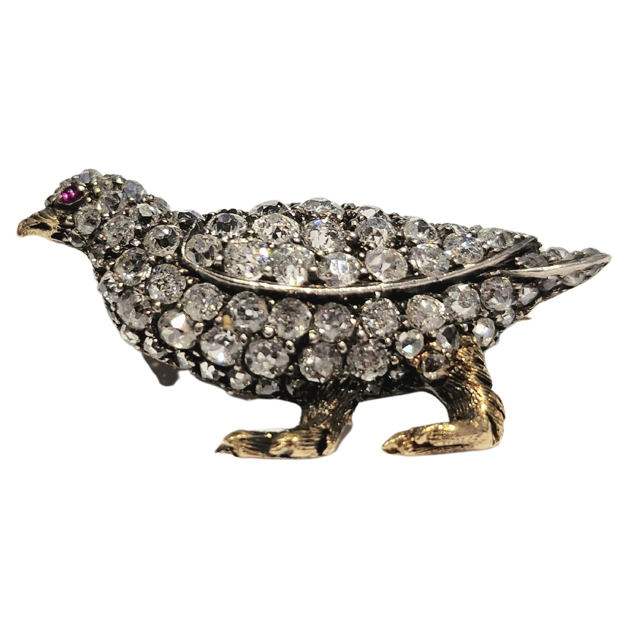 Antique Old Mine Cut Diamond Bird Gold Brooch For Sale 1