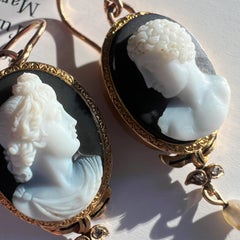 Antique 18K gold onyx cameo pearl earrings