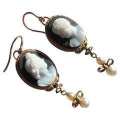 Antique 18K gold onyx cameo pearl earrings