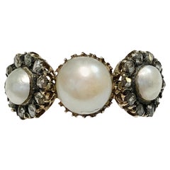 Antique 18K Gold Pearl and Diamond Daisies Ring, Italy Circa 1850s
