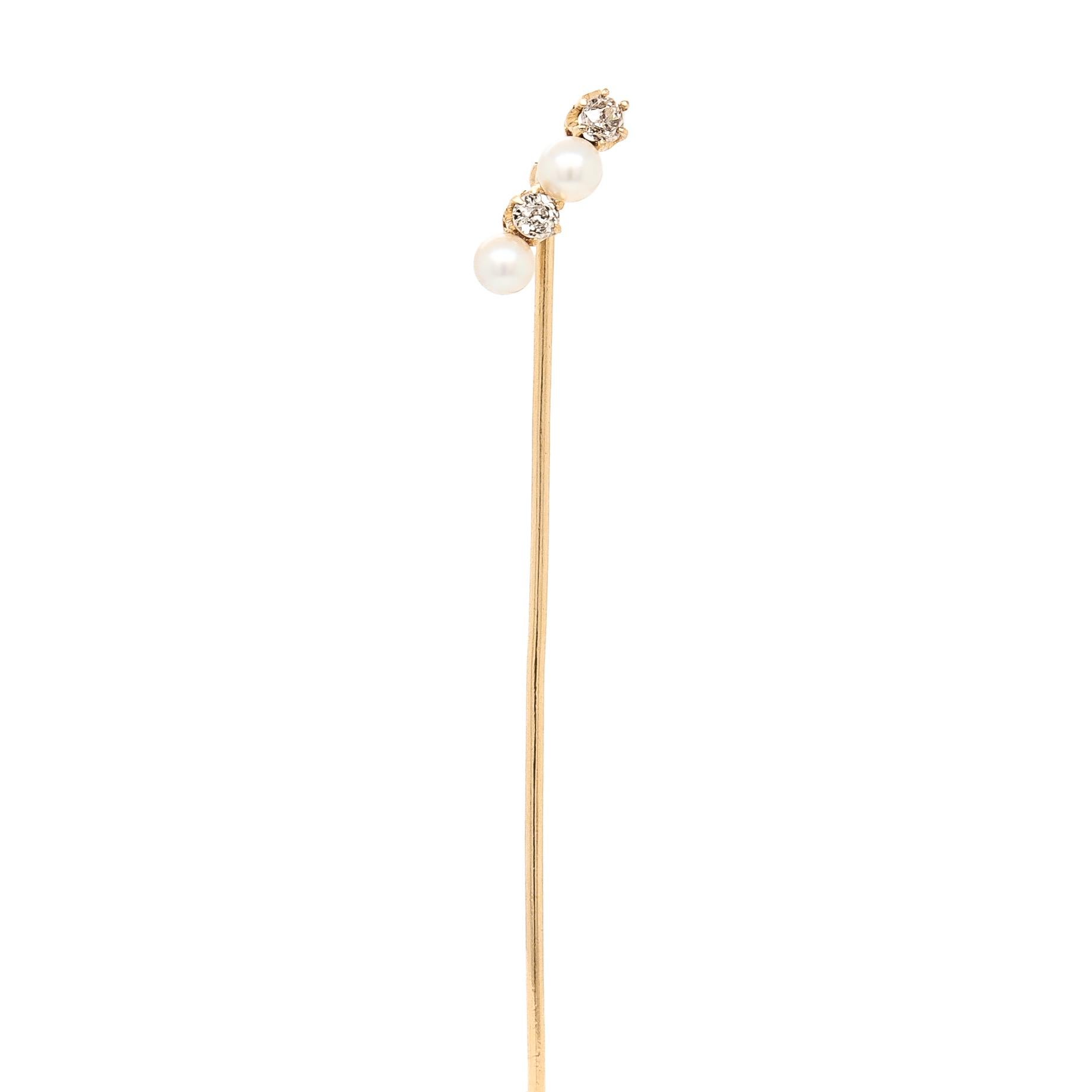 Edwardian Antique 18K Gold, Pearl, & Diamond Stickpin For Sale