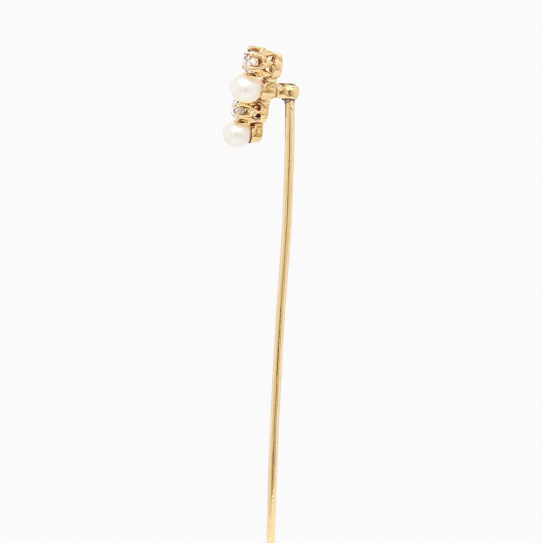 Round Cut Antique 18K Gold, Pearl, & Diamond Stickpin For Sale