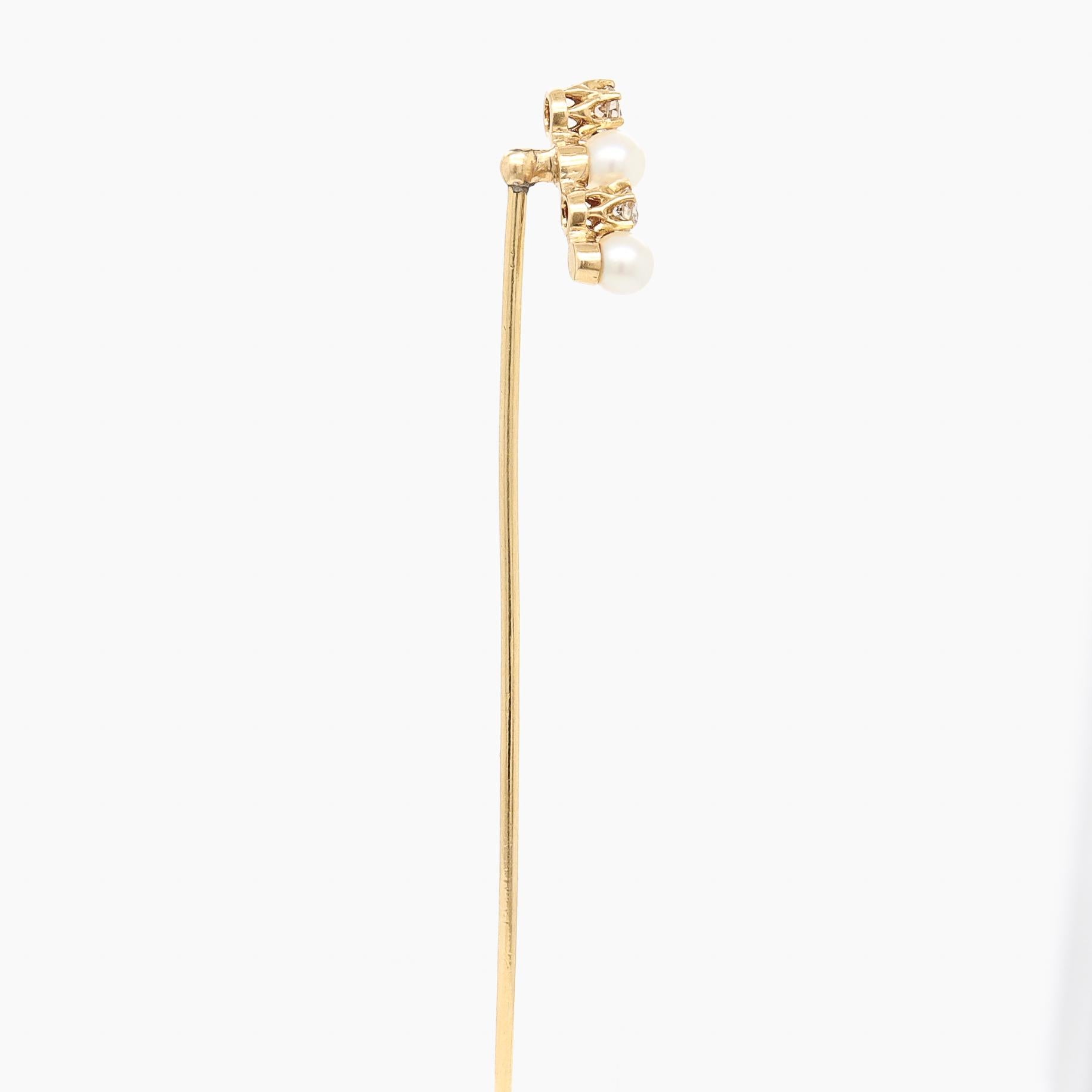 Women's or Men's Antique 18K Gold, Pearl, & Diamond Stickpin For Sale
