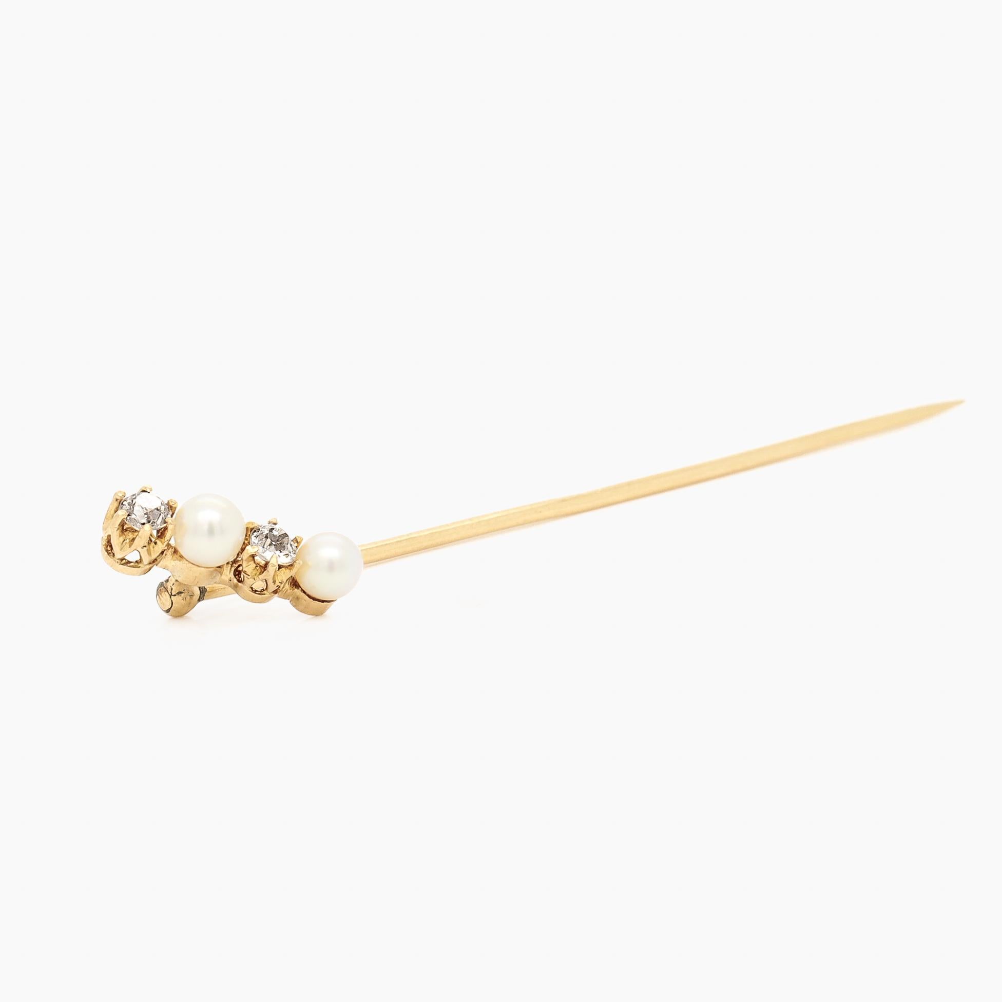 Antique 18K Gold, Pearl, & Diamond Stickpin For Sale 1
