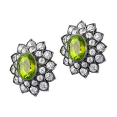 Antique 18k Gold Peridot Diamond Floral Cluster Earrings