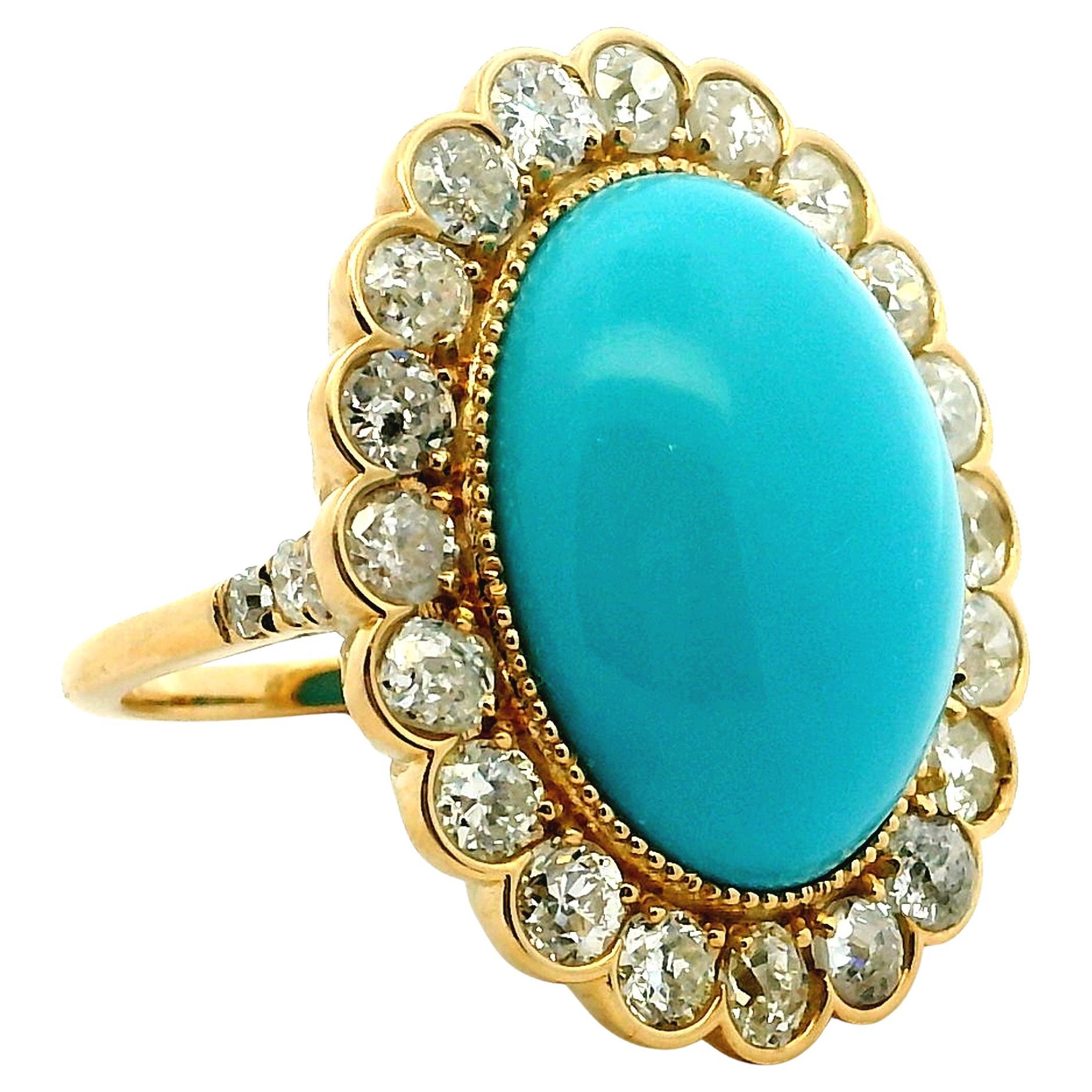 Bague ancienne en or 18 carats ornée d
un halo de turquoises persanes et de diamants, Europe, c.1900