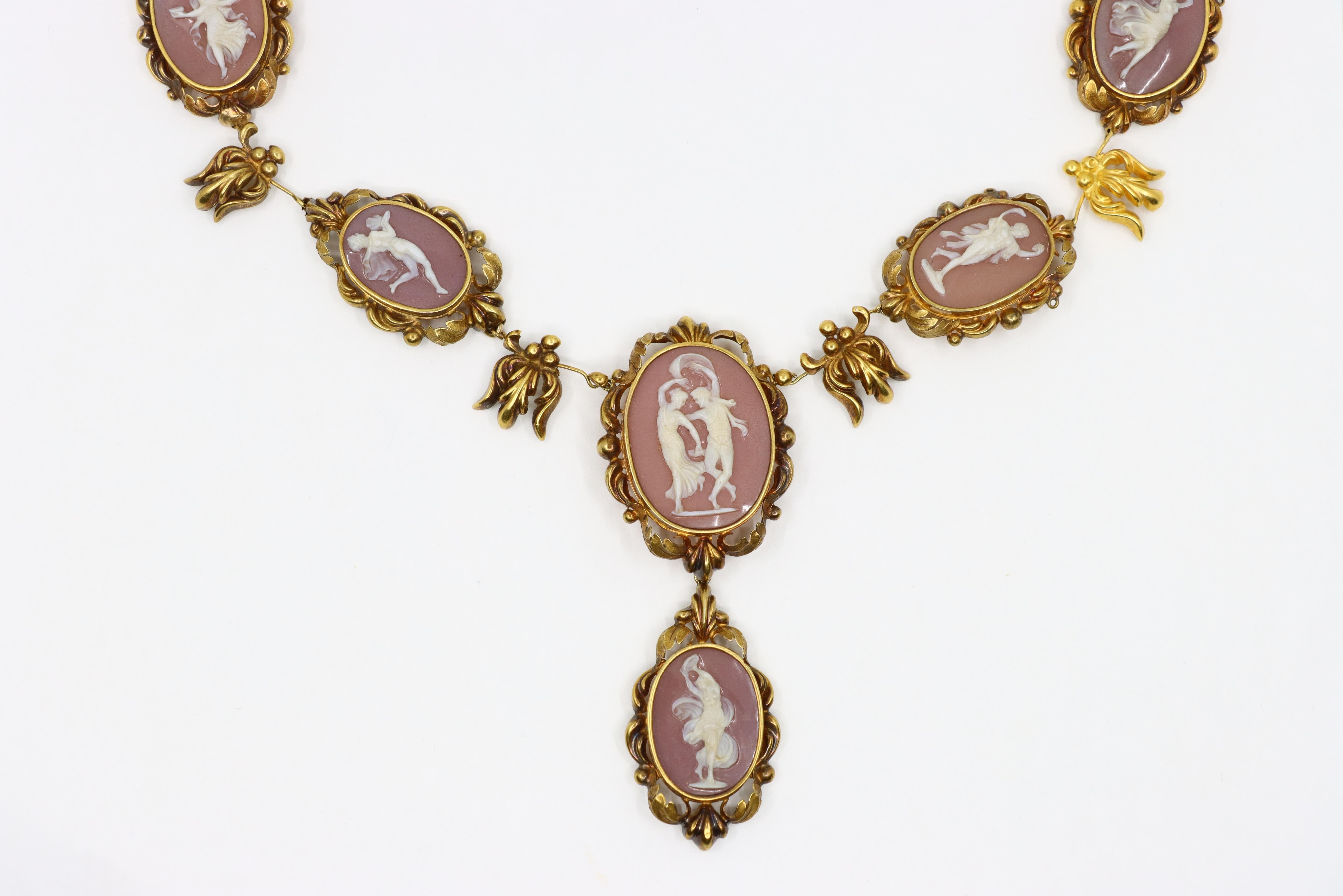 Uncut Antique 18K Gold Pink Agate Cameo Necklace For Sale