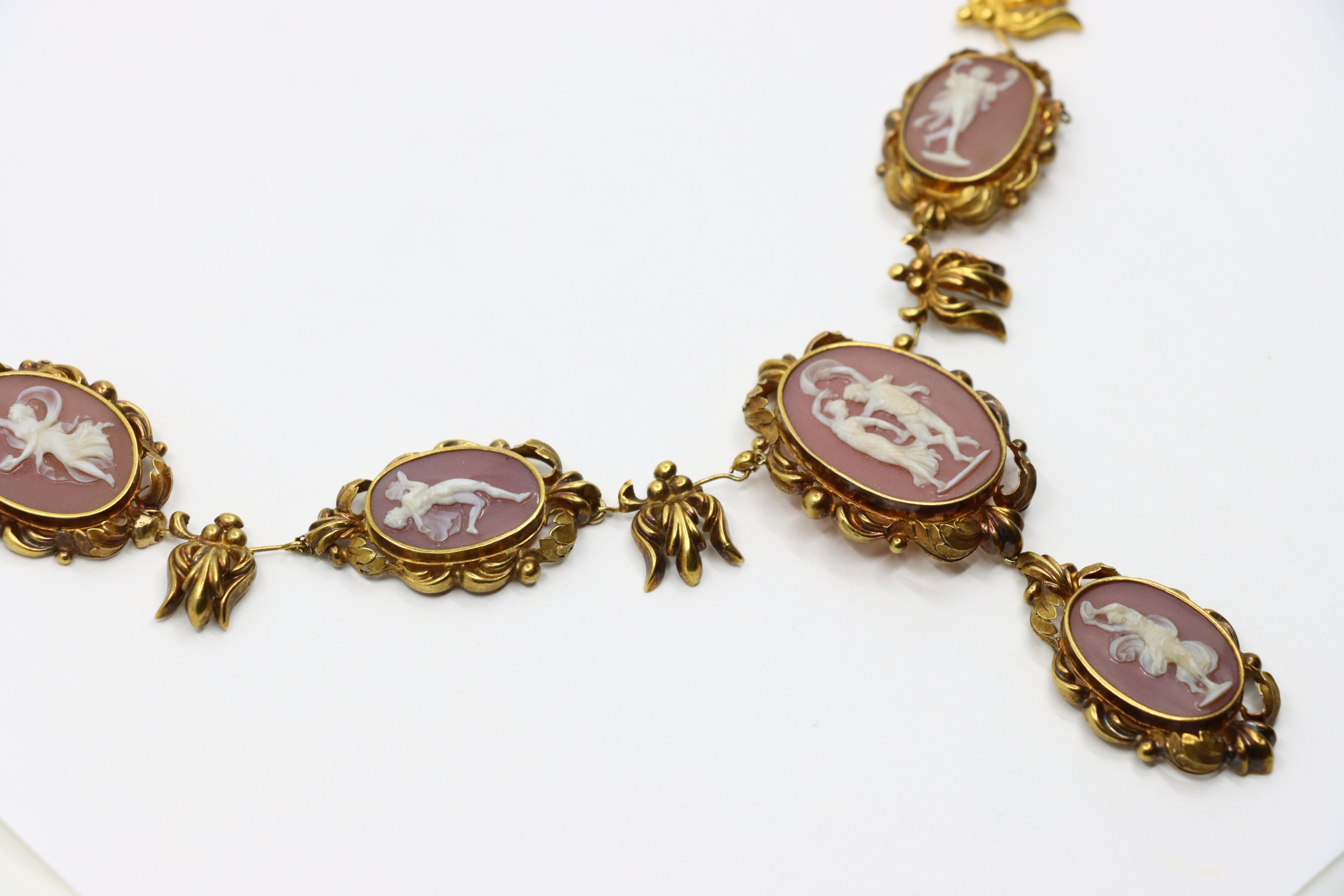 Antique 18K Gold Pink Agate Cameo Necklace For Sale 2