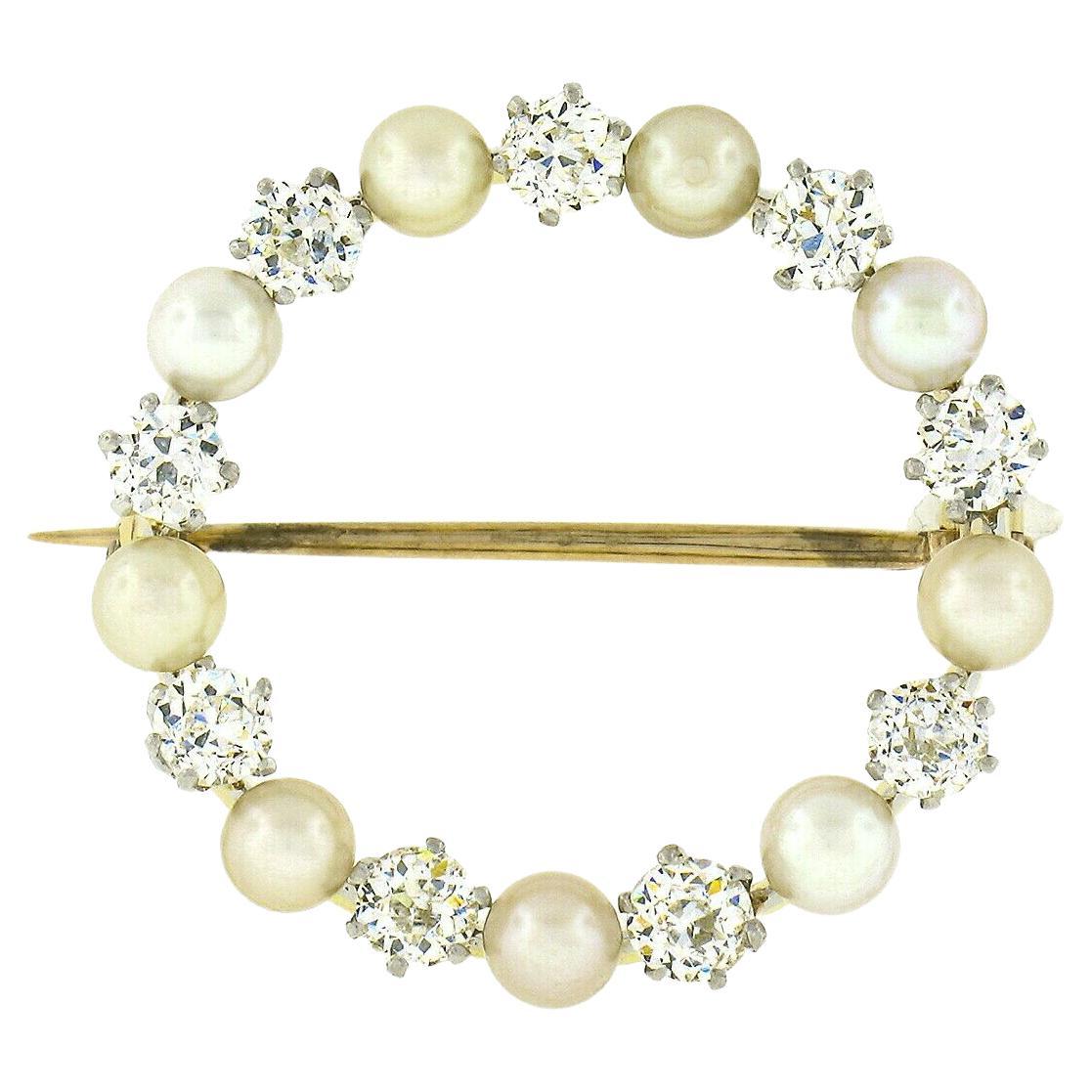 Antique 18k Gold Platinum 1.50ct European Diamond Pearl Circle Wreath Pin Brooch For Sale