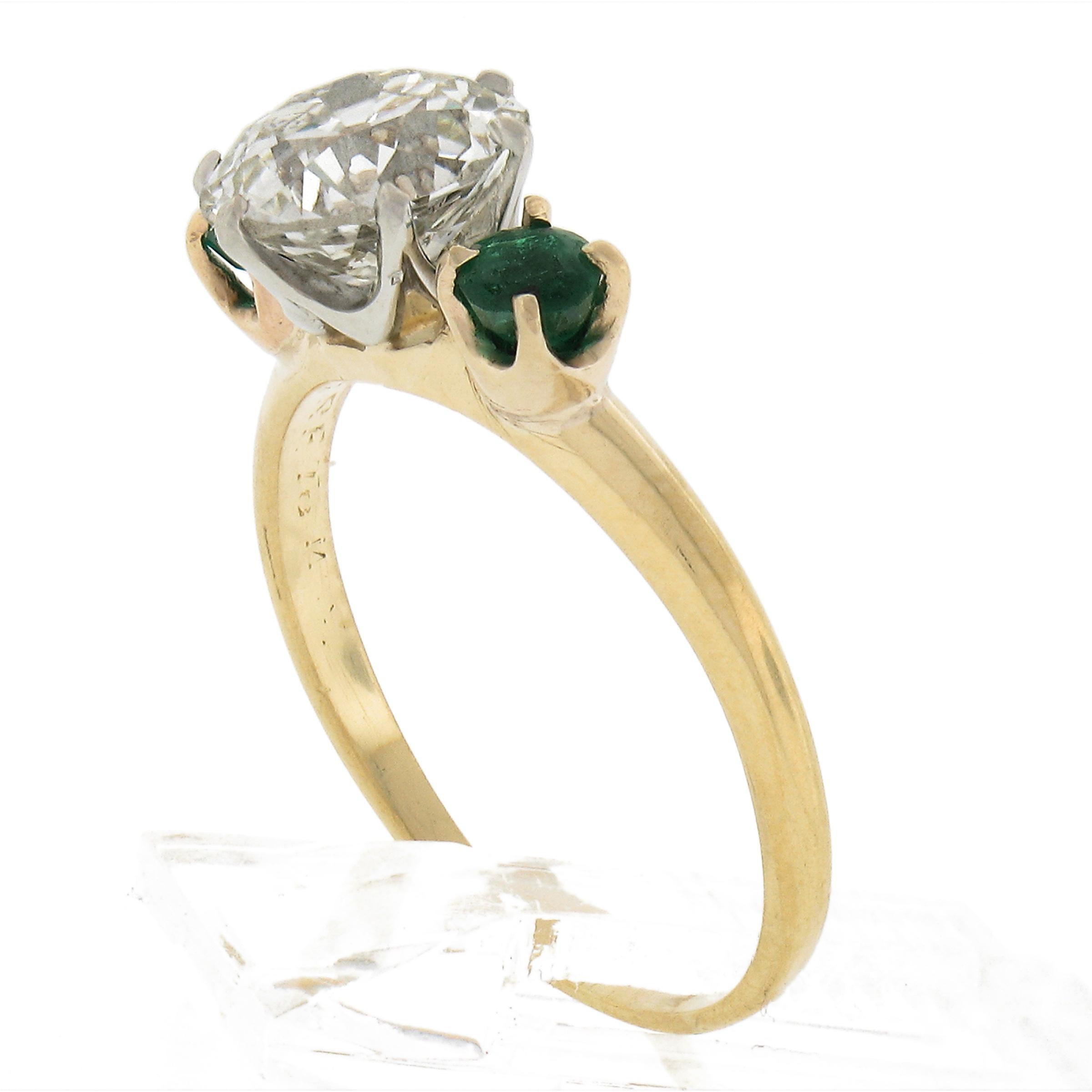 Antique 18k Gold & Platinum 2.02ct GIA European Diamond w/ Emerald 3 Stone Ring For Sale 1