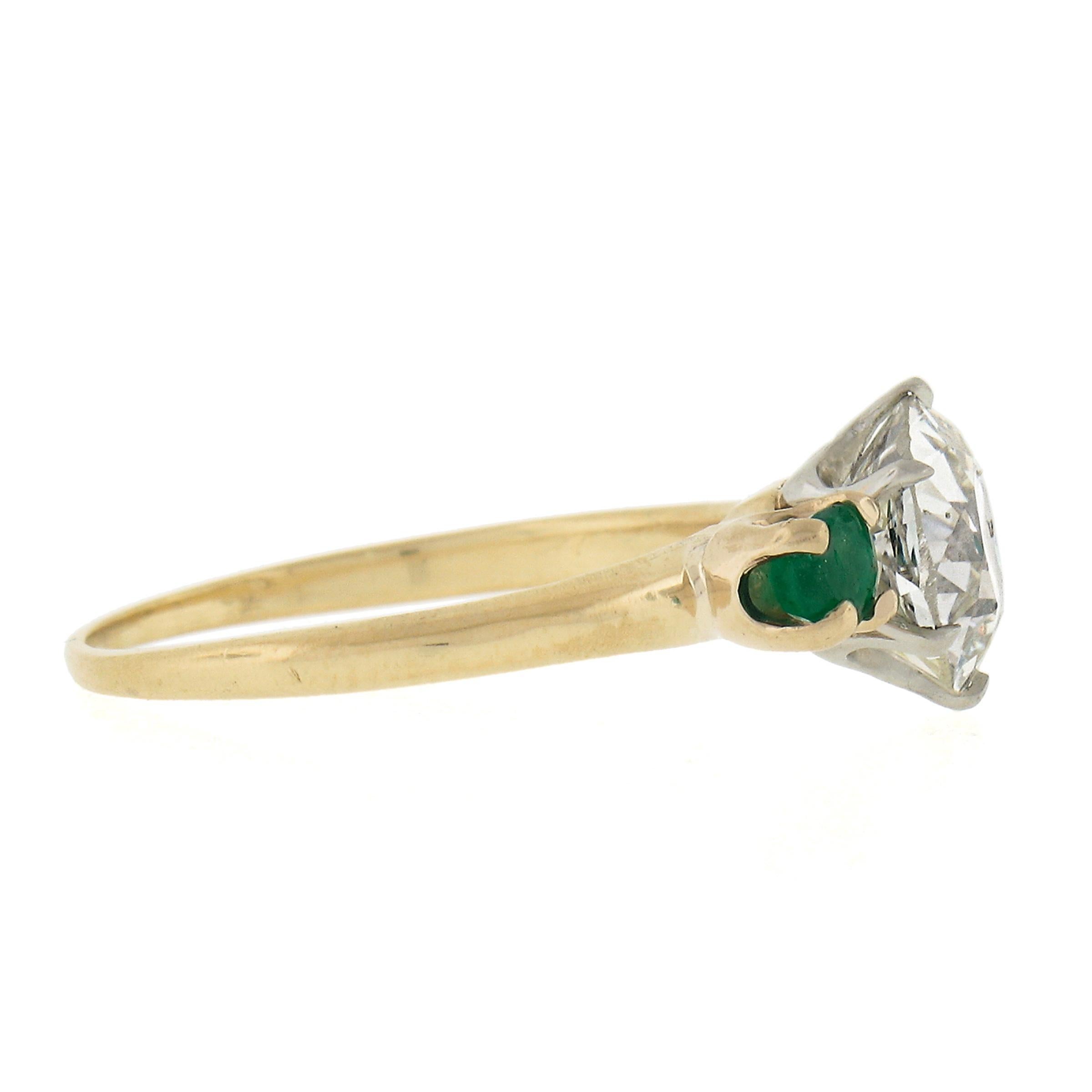 Victorian Antique 18k Gold & Platinum 2.02ct GIA European Diamond w/ Emerald 3 Stone Ring For Sale