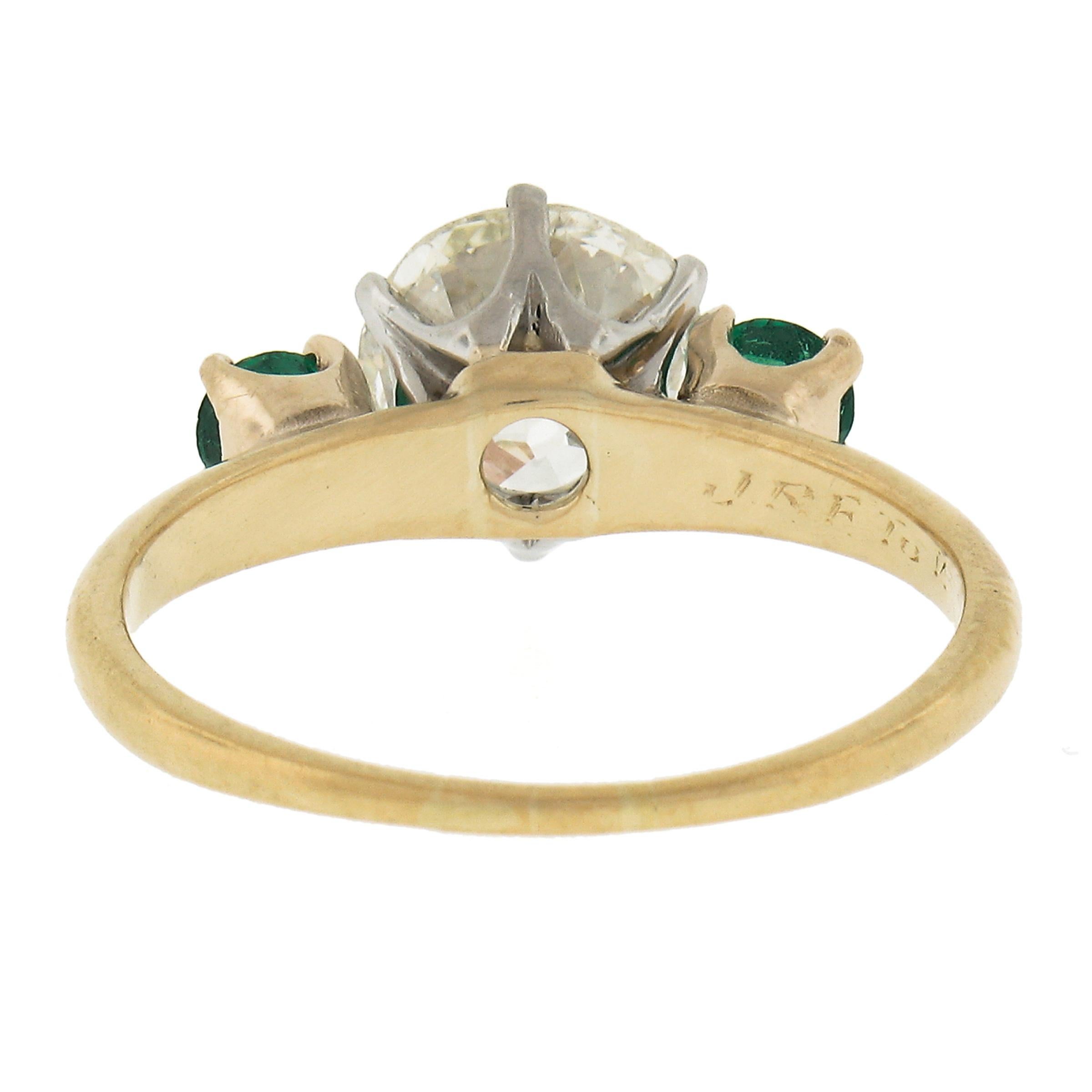 Antique 18k Gold & Platinum 2.02ct GIA European Diamond w/ Emerald 3 Stone Ring In Excellent Condition For Sale In Montclair, NJ