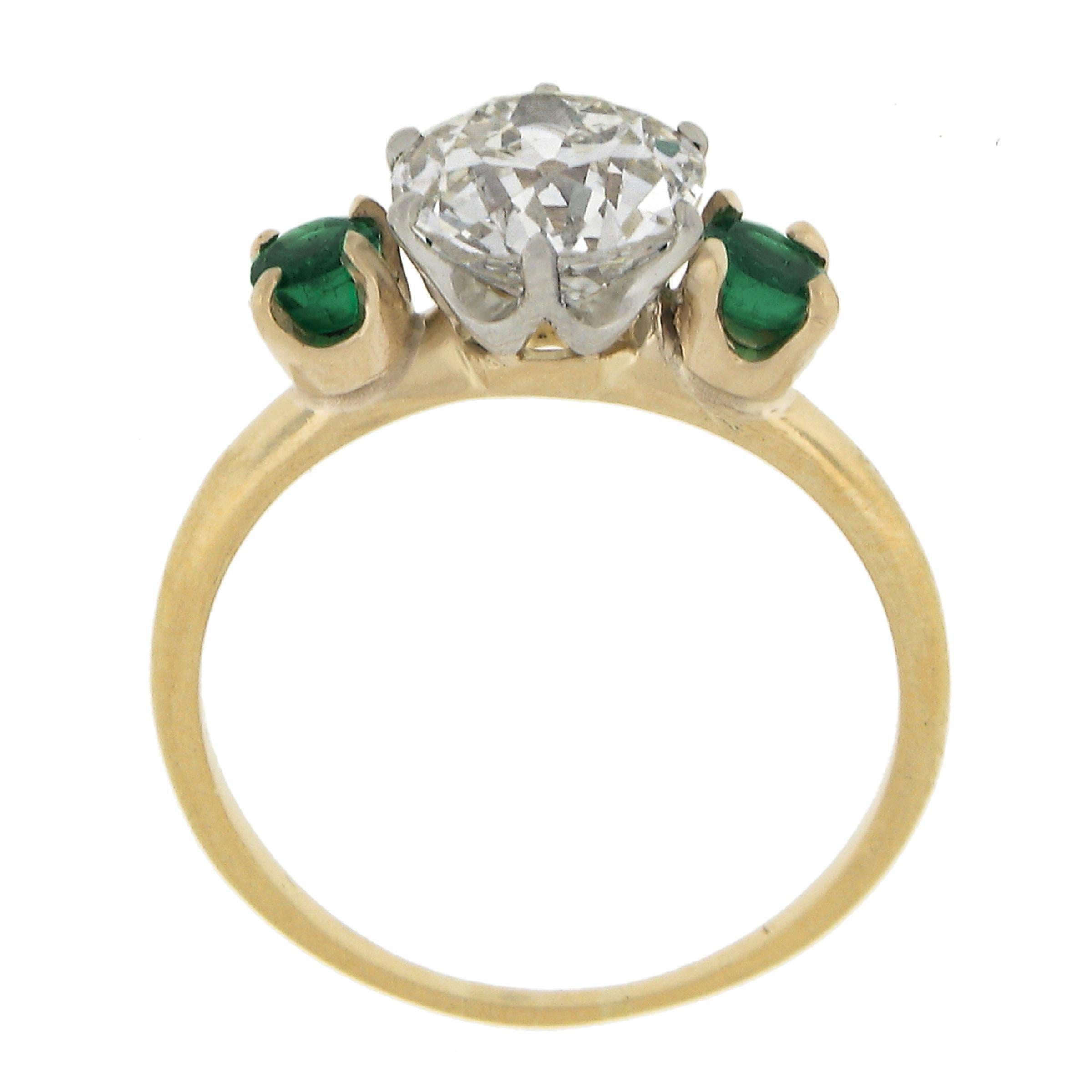 Women's Antique 18k Gold & Platinum 2.02ct GIA European Diamond w/ Emerald 3 Stone Ring For Sale