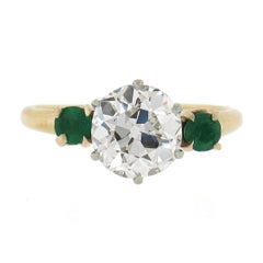 Antique 18k Gold & Platinum 2.02ct GIA European Diamond w/ Emerald 3 Stone Ring