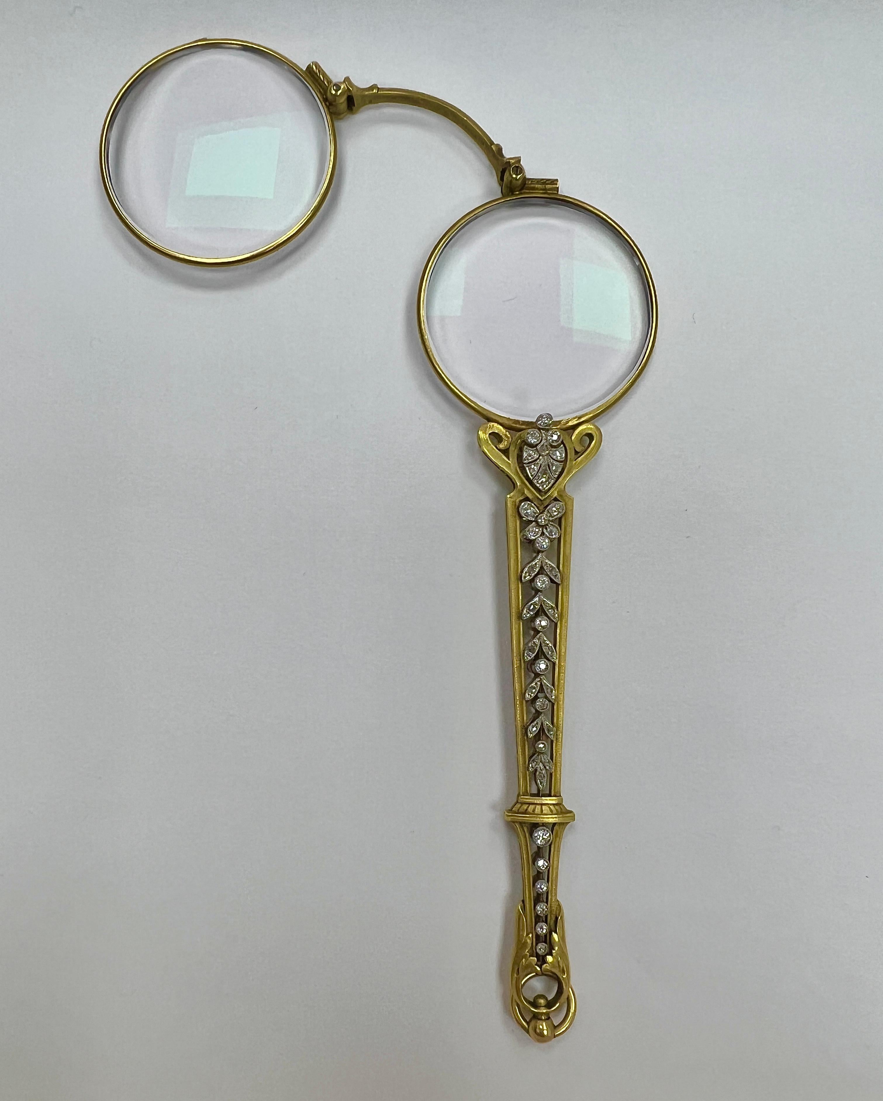 Antique 18k Gold Platinum Diamond Lorgnette Magnifying Glasses Double Sided Bon état - En vente à New York, NY
