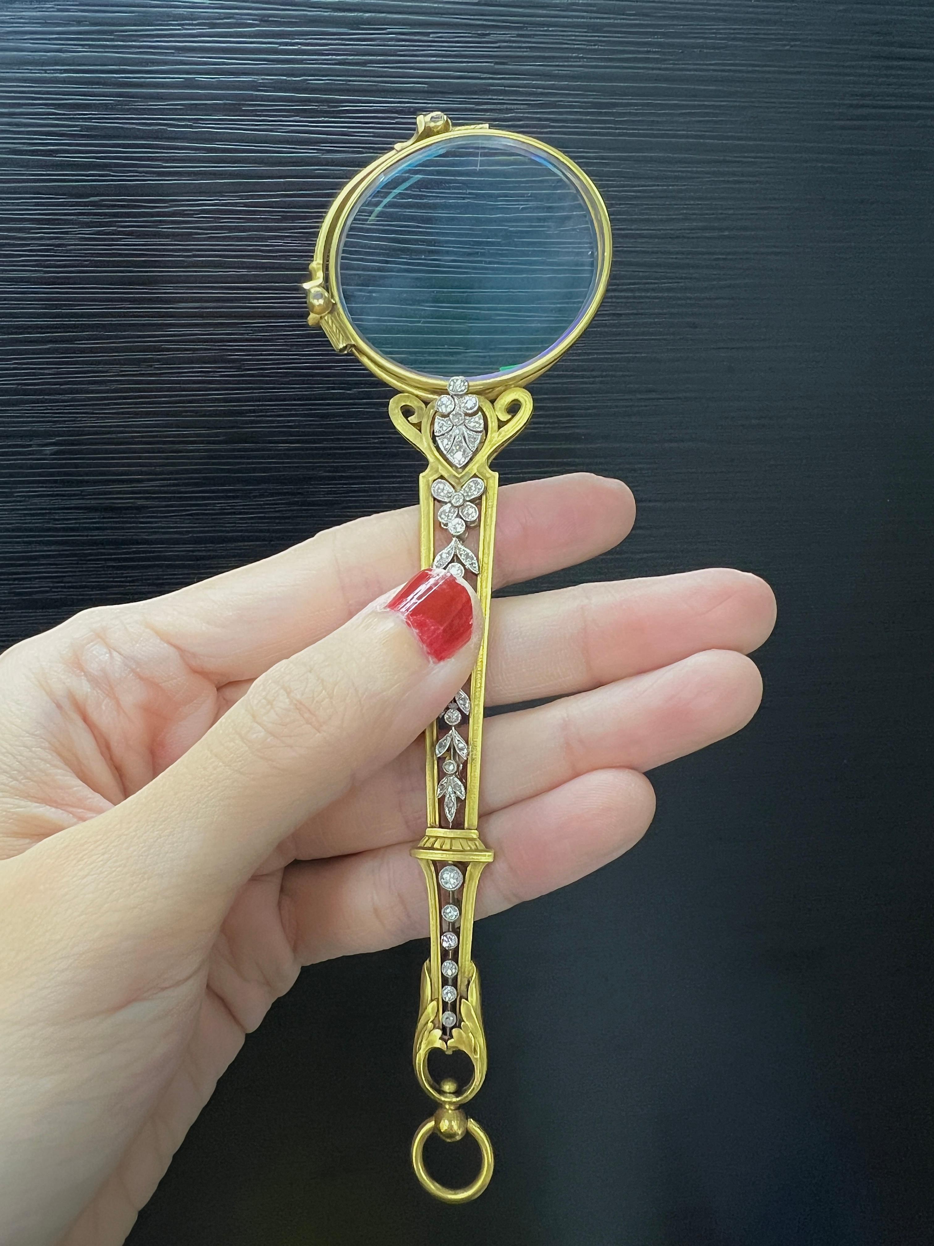 Antique 18k Gold Platinum Diamond Lorgnette Magnifying Glasses Double Sided Unisexe en vente