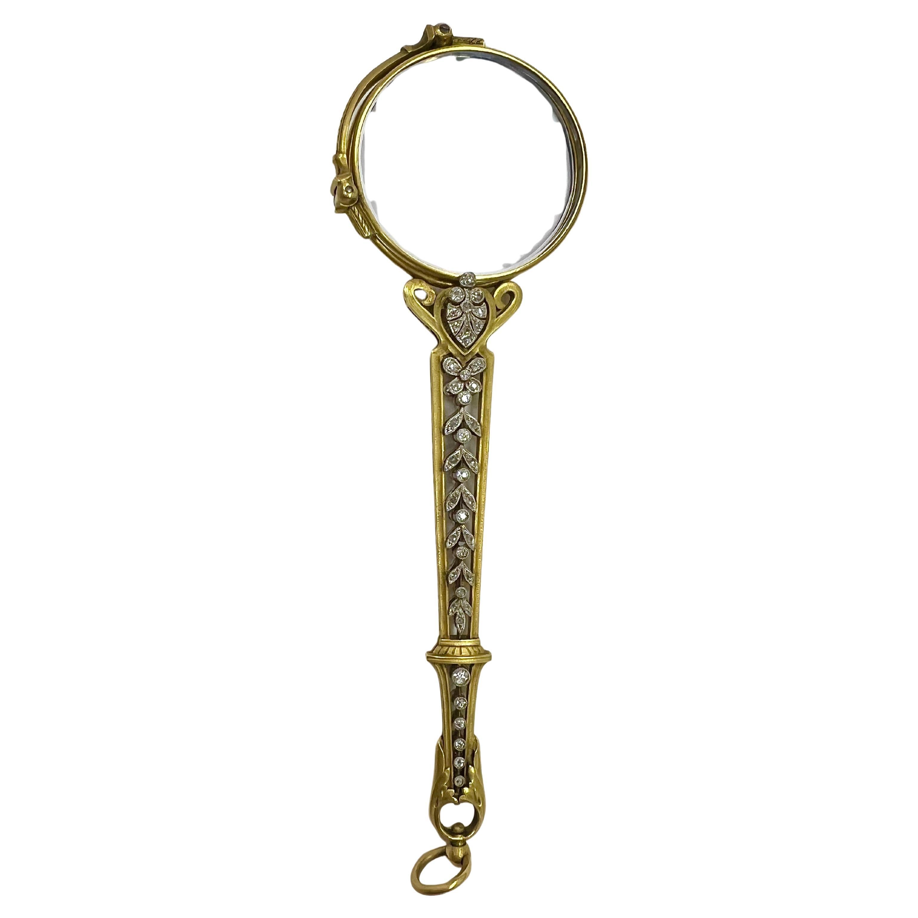 Antique 18k Gold Platinum Diamond Lorgnette Magnifying Glasses Double Sided en vente
