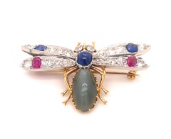 Antique 18K Gold Platinum Gem Cats Eye Diamonds Rubies Sapphires Insect Brooch