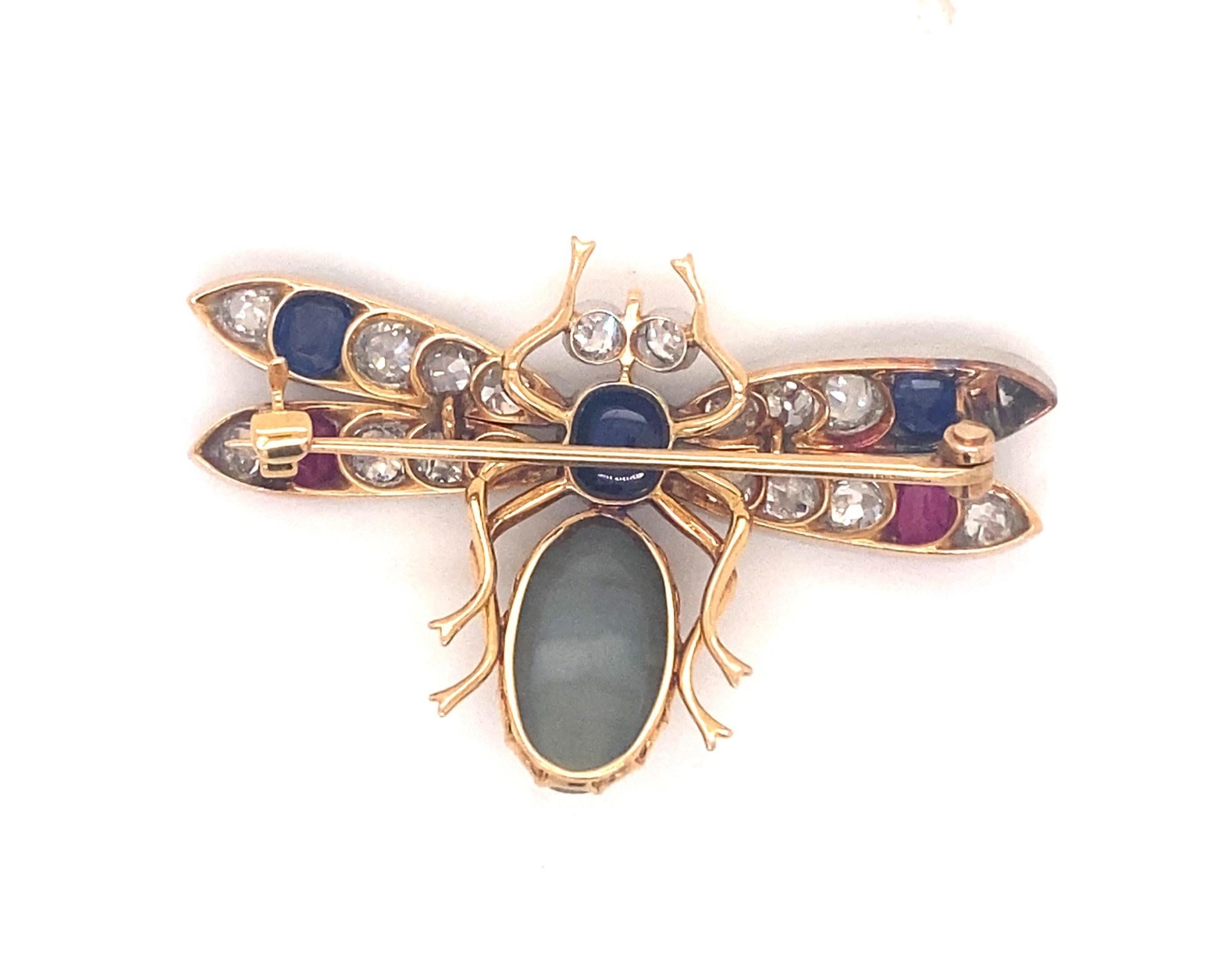 Victorian Antique 18K Gold Platinum Gem Cats Eye Diamonds Rubies Sapphires Insect Brooch For Sale