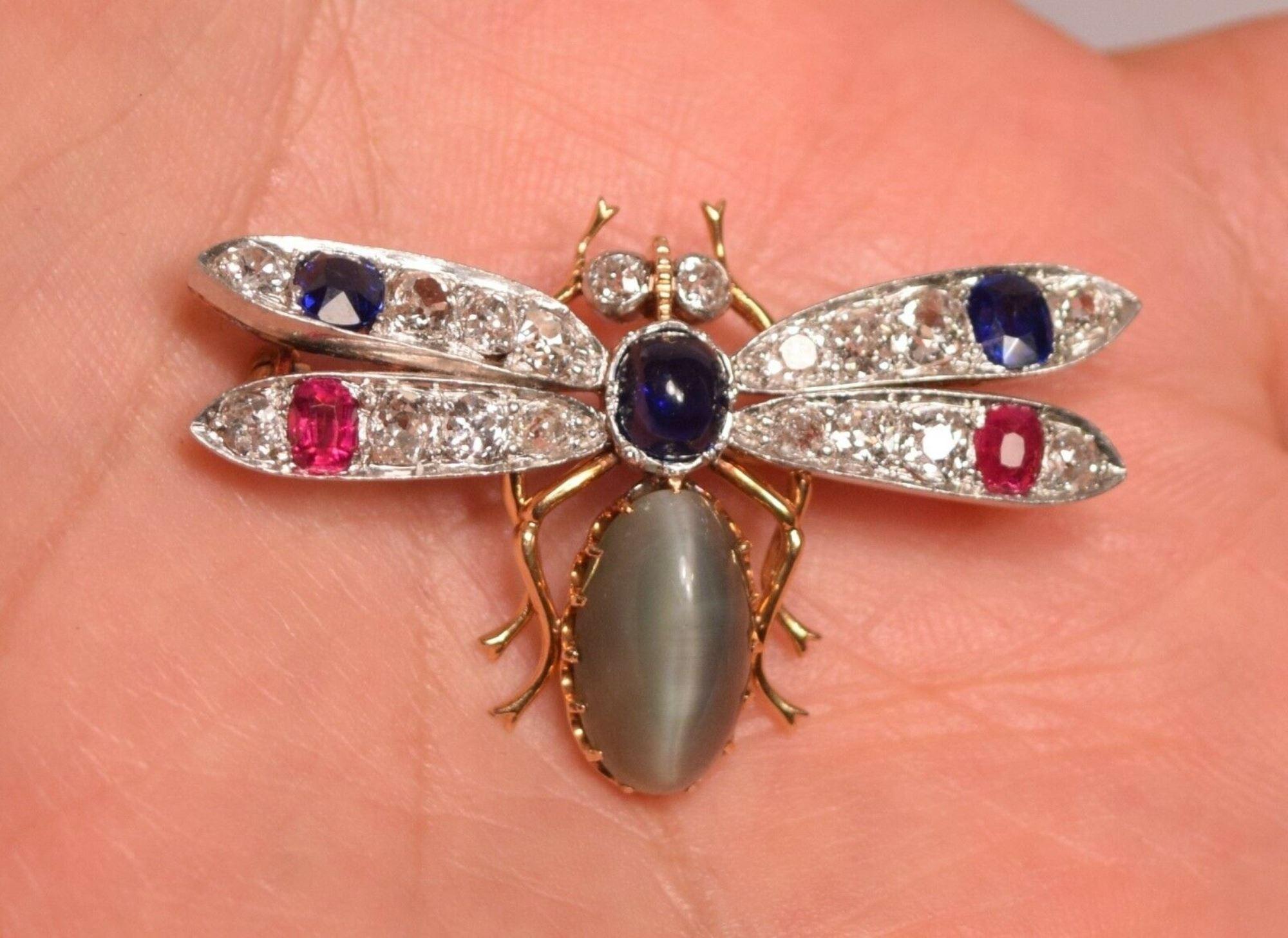 Old Mine Cut Antique 18K Gold Platinum Gem Cats Eye Diamonds Rubies Sapphires Insect Brooch For Sale