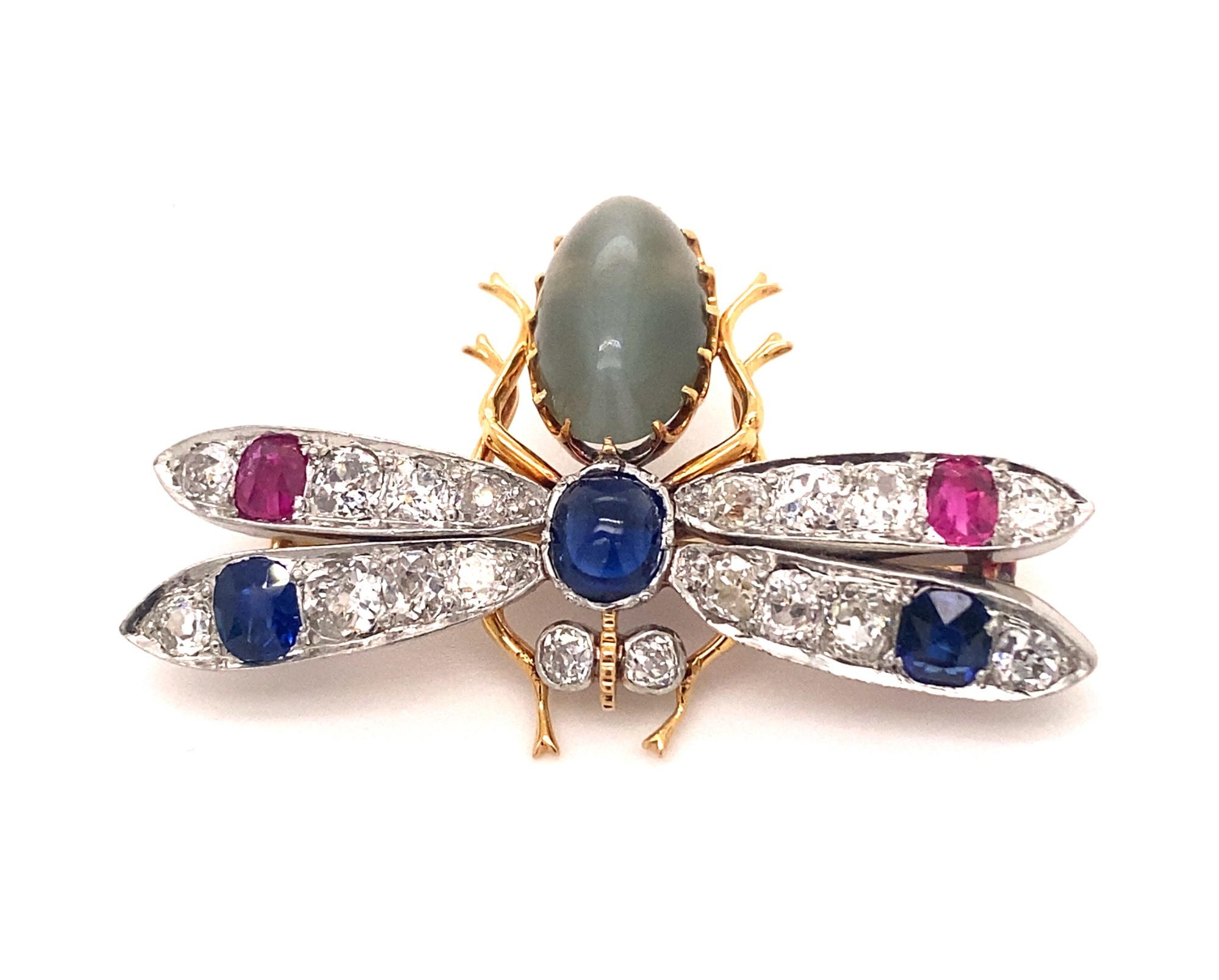 Antique 18K Gold Platinum Gem Cats Eye Diamonds Rubies Sapphires Insect Brooch In Excellent Condition For Sale In Woodland Hills, CA