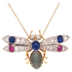 Antique 18K Gold Platinum Gem Cats Eye Diamonds Rubies Sapphires Insect Brooch